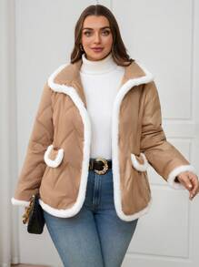 SHEIN Clasi Curvy Plus Size Women's White Fluffy Paneled Single Breasted Quilted Casual Jacket,Winter Fleece-Lined Coat For Hiking Outings,Abrigos - Apricot - View 5