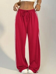 Women's Casual Striped Front Tie Sports Sweatpants, Autumn For New Year Clothes - Red - View 7