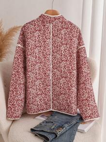 大码女式花卉印花落肩长袖口袋宽松冬季夹克 - 紅色 - 查看 6