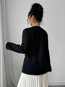 Elenzga Áo khoác nữ trang trí nơ màu tương phản đen trắng thanh lịch - màu đen - Xem 2