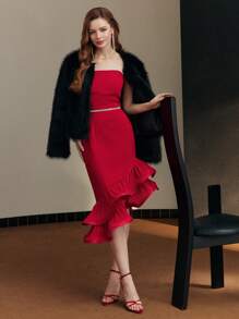 MOTF PREMIUM RUFFLE HEM TUBE COCKTAIL DRESS - Red - View 5