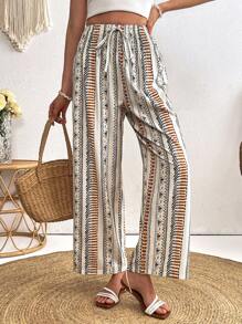 SHEIN VCAY Women's Retro Print Wide-Leg Pants, Autumn/Winter