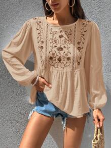 Women's Flower Embroidery Long Sleeve Shirti Crinckle Fabric, Boho Style, Slice Lace Detailed - Beige - View 6