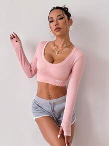 Easithlete Áo thun thể thao dáng ôm dài tay cổ chữ V in nơ cho nữ - Hồng - Xem 4