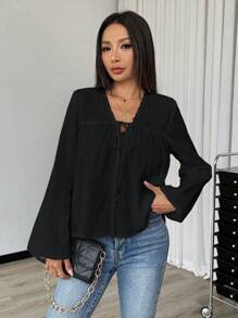 EMERY ROSE Áo sơ mi buộc dây phía trước màu trơn thường ngày cho nữ, mùa thu - màu đen - Xem 6