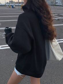 DAZY Contrast Color Block Fold-Over Collar Loose Fit Fleece Sweatshirt For Women - Black - View 2