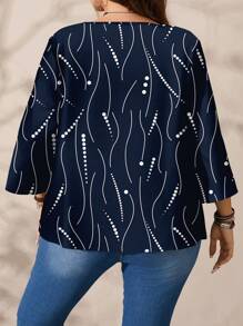 EMERY ROSE 女式大码休闲波尔卡圆点条纹全印花圆领宽松 3/4 袖衬衫，秋冬