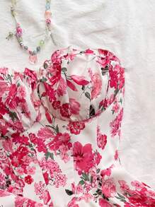 Soleia Vacation Romantic Pink Rose Print Strapless Ruffle Hem Dress - Pink - View 3