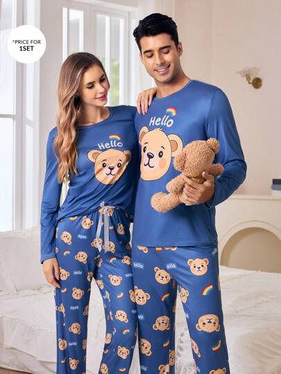 Mäns Bear Print rundhalsad långärmad Casual Topp och byxor Pyjamas Set