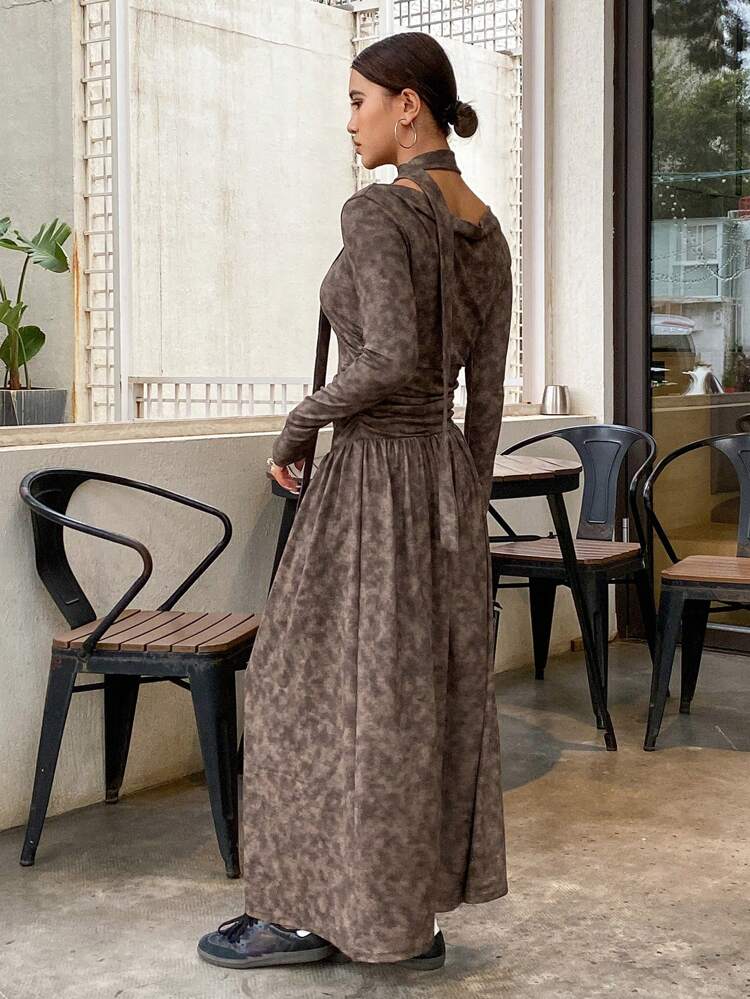 Women's Floral Print Pleated Neck Long Sleeve Dress, Elegant Holiday Fall Dress Cheetah Print Leopard Print