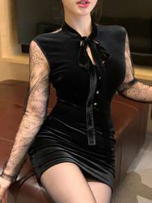 DAZY Women Elegant Lace Patchwork Bodycon Mini Dress, Autumn,Fall Women Clothes Long Sleeve Dress - Black - View 4