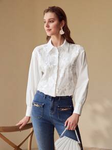 MOTF PREMIUM SEQUIN FLORAL BUTTON UP BLOUSE - White - View 4