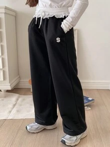 DAZY 女童彩色块字母刺绣长裤，秋季女童服装 - 黑色 - 查看 1