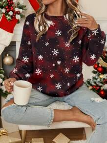 SHEIN LUNE Áo nỉ chui đầu lót nhiệt họa tiết bông tuyết đỏ nhuộm loang cho nữ, phù hợp cho mùa thu đông - Màu Đỏ Sâu - Xem 1