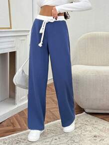 EURMUSE Women's Solid White Drawstring Waist Detailed Pants - Blue and White - View 5
