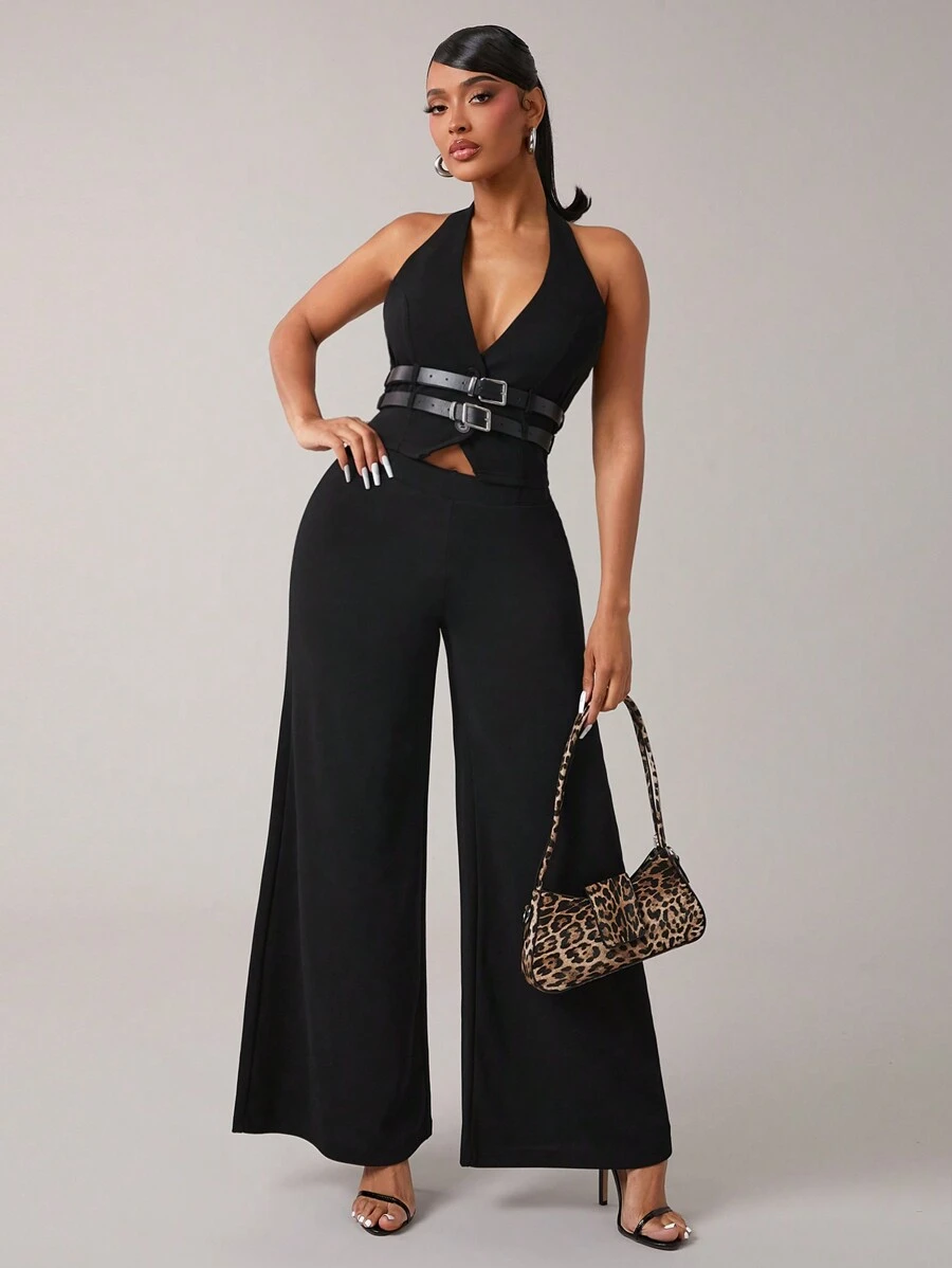 SHEIN SXY 2 件套黑色休闲通勤挂脖上衣和裤子套装 - 黑色 - 查看 1