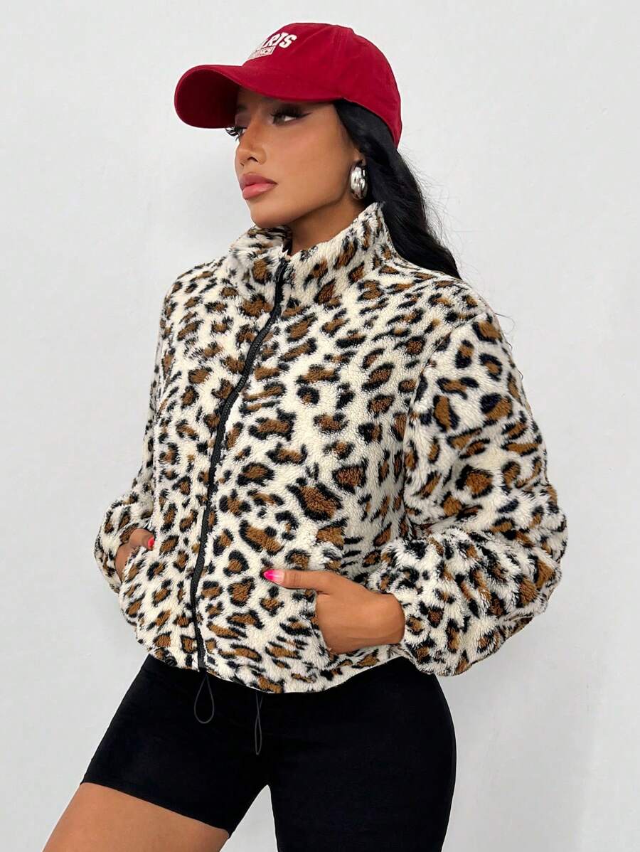 SHEIN SXY 秋冬季保暖豹纹羊毛夹克 - 卡其色 - 查看 1