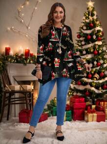 EMERY ROSE 休闲简约全印花圣诞老人图案宽松圆领长袖T恤，黑色，女士款，大码 - 彩色 - 查看 5