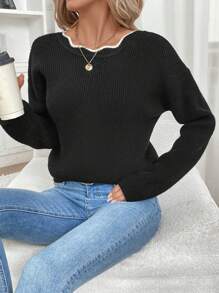 SHEIN Frenchy Women's Bow Decor Minimalist Long Sleeve Sweater, Casual Everyday Wear Winter Outfits Sweater Winter Women Clothes Girl Bow Sweaterteen Bow Sweater - Black - View 5