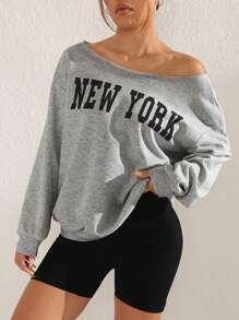 Easithlete 女士斜肩长袖字母印花休闲上衣，日常穿着 - 深灰色 - 查看 5