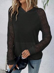 Calvaya Contrast Lace Raglan Sleeve Kangaroo Pocket Hoodie,Long Sleeve Tops