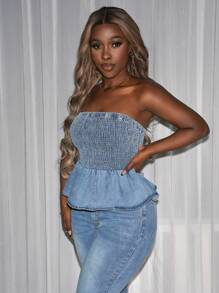 Slaydiva 女士休闲水洗短款抹胸牛仔衬衫