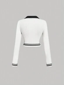 SHEIN MOD 学院风 马球领 条纹 & 字母贴片 修身长袖 T 恤 - 白色 - 查看 2