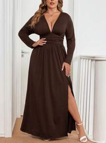 Gownix 黑色长袖长针织连衣裙，柔软舒适的大码女士连衣裙，优雅百搭，适合秋冬季 - 棕色 - 查看 7