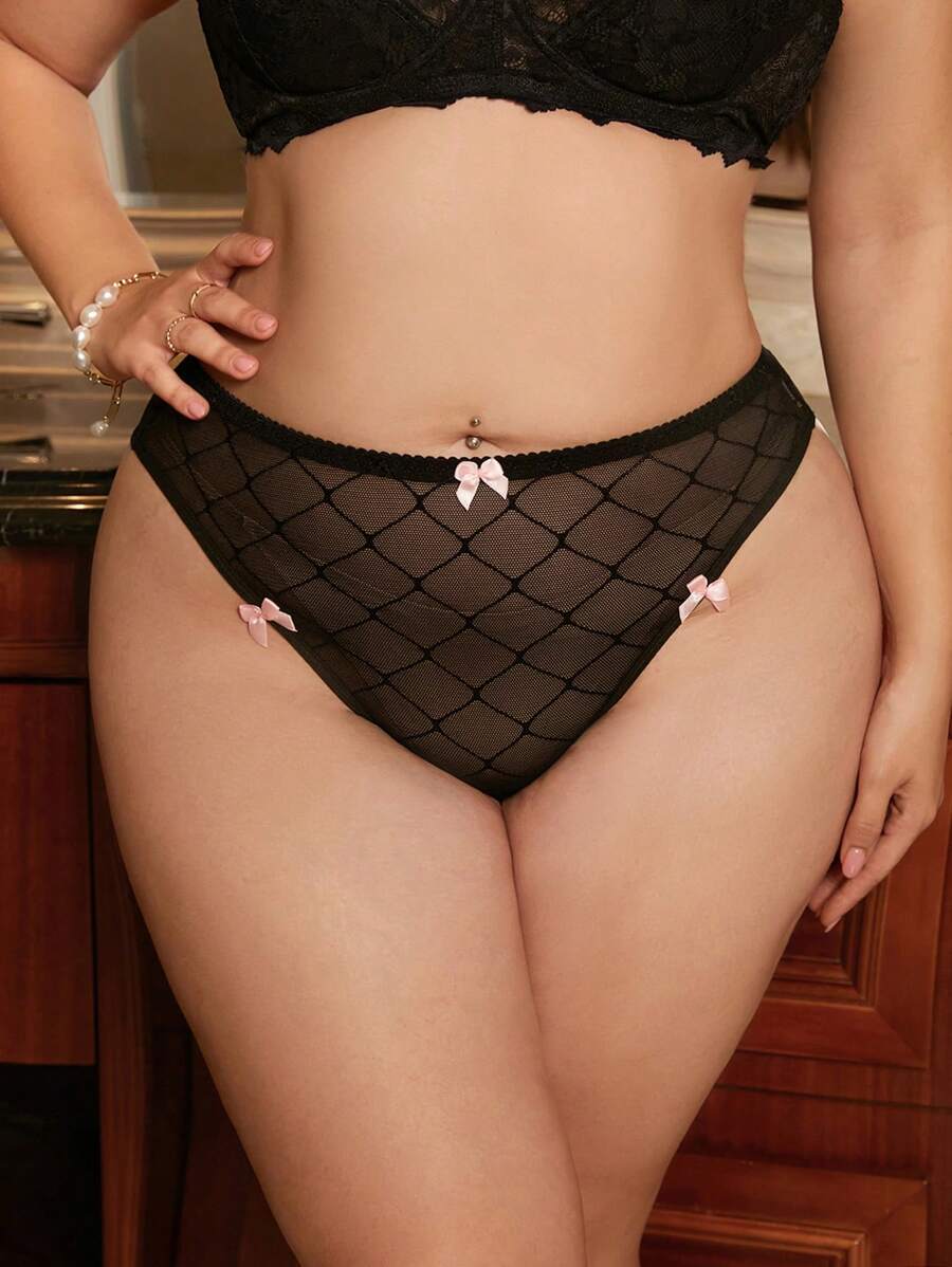 SHEIN Plus Size Women Bow Detail Sheer Sexy Panty - Black - View 1