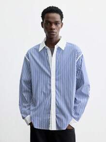 Maija Áo sơ mi nam tay dài rộng rãi họa tiết sọc jacquard màu xanh mới xuân/hè 2025, đa năng cho tiệc năm mới, mặc hàng ngày, ngày lễ tình nhân - Nhiều màu - Xem 2