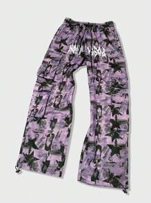 ROMWE MEN Street Life Men's Fashionable Tie-Dye Starry Print Drawstring Waist Cargo Pants, Fall - Purple - View 2
