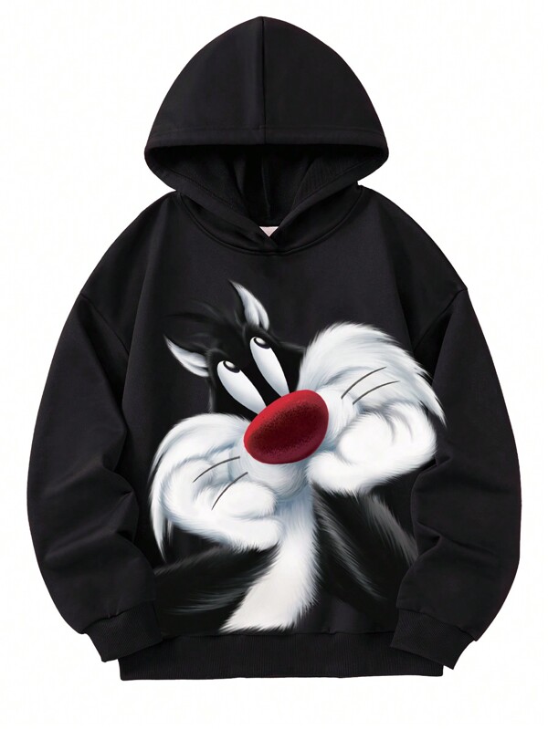 LOONEY TUNES X SHEIN Women Casual Cute Cartoon Large Graphic Print Drop Shoulder Loose Black Hoodie