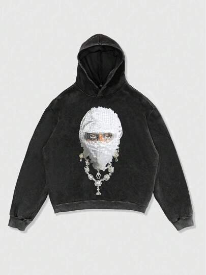 Street Life Men's Printed Balaclava Hooded Sweatshirts Vintage Washed High Street