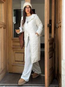 SHEIN EZwear Autumn/Winter All-Match Versatile Casual White Thermal Function Quilted Long Hooded Padded Coat