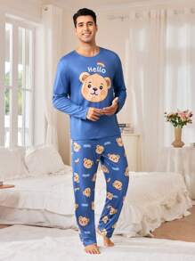 CoupledUp Men's Bear Print Round Neck Long Sleeve Casual Top And Pants Pajama Set