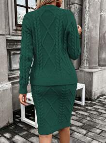 SHEIN LUNE Bộ 2 món áo cánh dài tay cổ tròn màu trơn và chân váy chữ A - Màu xanh lá cây đậm - Xem 2