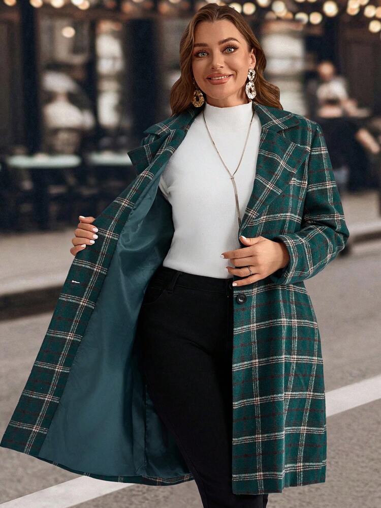Plus Size Christmas Clothes Women Plaid Collar Overcoat, Casual, Winter Coat Women