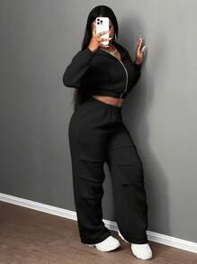 Slaydiva Conjunto de Moletom Feminino para Outono e Inverno, Novo, Casual, Esportivo, com Capuz, Manga Longa, Zíper, Cardigan + Calça de Perna Larga com Pregas em Ambos os Lados, Veludo Cinza Claro com Estampa Floral - Preto - Visão 6