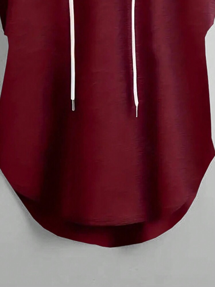 INAWLY 大码休闲纯色抽绳连帽衫 - 紅色 - 查看 3