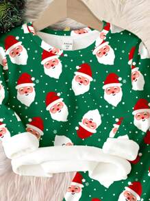 年轻男孩圣诞老人卡通印花休闲简约紧身厚圆领长袖长裤睡衣套装，适合秋冬季 - 彩色 - 查看 3