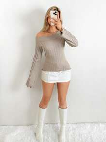 EgrlEra Women's Asymmetrical Shoulder Fitted Bell Long Sleeve Sweater, Apricot Color Y2K Knit Pullover Fall Winter - Apricot - View 5