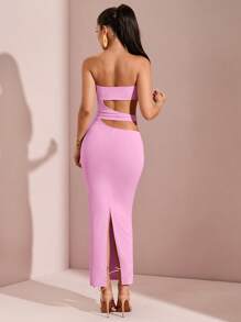 SHEIN BAE Đầm ôm body ngắn hở lưng khoét sâu gợi cảm màu trơn, Đầm quyến rũ cho quý cô vào mùa xuân/hè, tiệc độc thân, đêm hẹn hò, tụ tập bạn bè - Màu Hồng baby - Xem 2