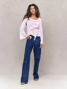 MISSGUIDED Blusa con cuello de barco transparente y espalda, mangas largas abombadas con detalle de volantes