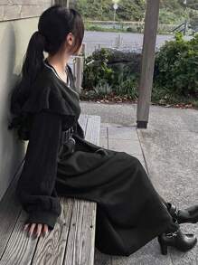 FRIFUL Women Ruffle Hem Color Block Midi Dress,Fall Dress - Black - View 5