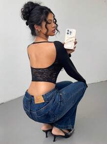 Allurite Women's Black Long Sleeve Ballet Style Lace Sheer Back Insert Sexy Basic Elegant T-Shirt, Suitable For Christmas, Valentine's Day, New Year Eve - Black - View 6