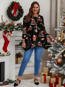 EMERY ROSE 休闲简约全印花圣诞老人图案宽松圆领长袖T恤，黑色，女士款，大码 - 彩色 - 查看 4