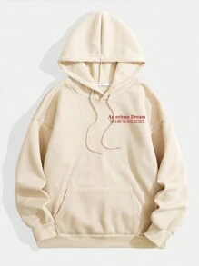 SHEIN EZwear Áo nỉ có mũ trùm đầu in chữ và cờ Mỹ cho nữ - Màu be - Xem 2