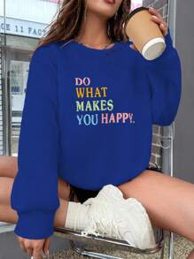 SHEIN Unity Crew Neck Embroidered Colorful English Text Casual Sweatshirt, Minimalist Fashion For Everyday - Blue - View 1