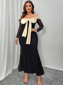 SHEIN Unity Plus Size Women's Elegant Color Block Off Shoulder Fishtail Hem Dress Maxi Women Outfit - Black - View 5