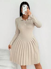 Calvaya 大码翻领单排扣 A 字长袖毛衣裙，休闲日常穿着，适合冬季 - 杏色 - 查看 4